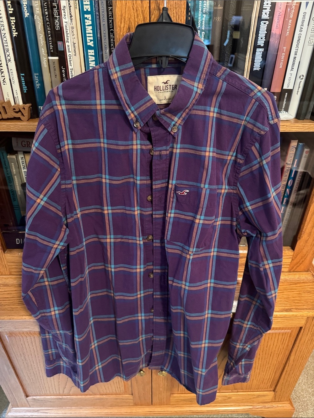 Hollister Men's Purple Plaid Button-Down Shirt with Blue Accents